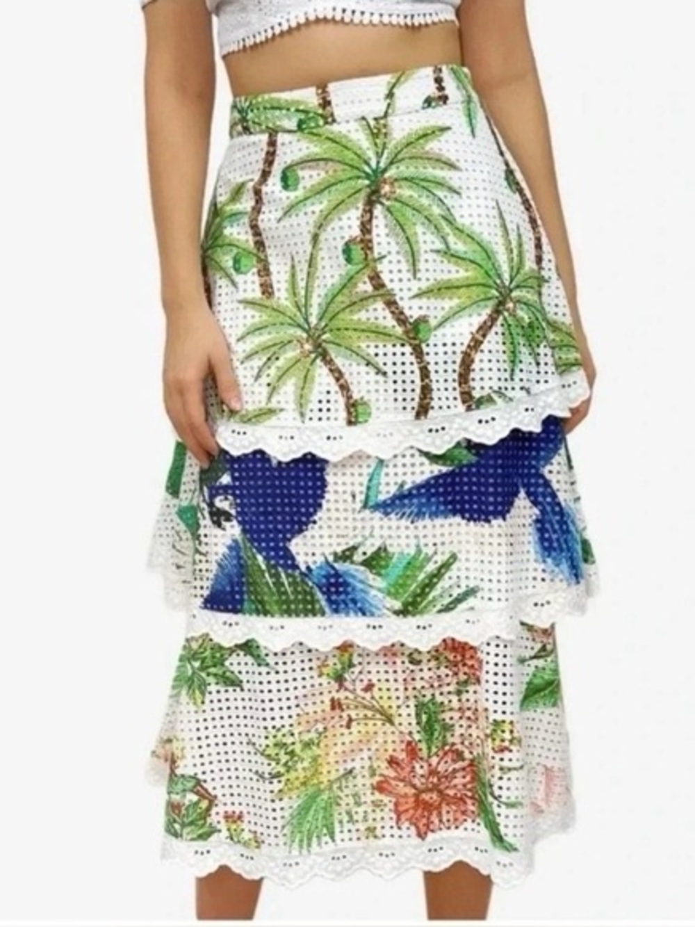 FARM Rio Kaia Palm Print Eyelet White Skirt with Embroidered Trim